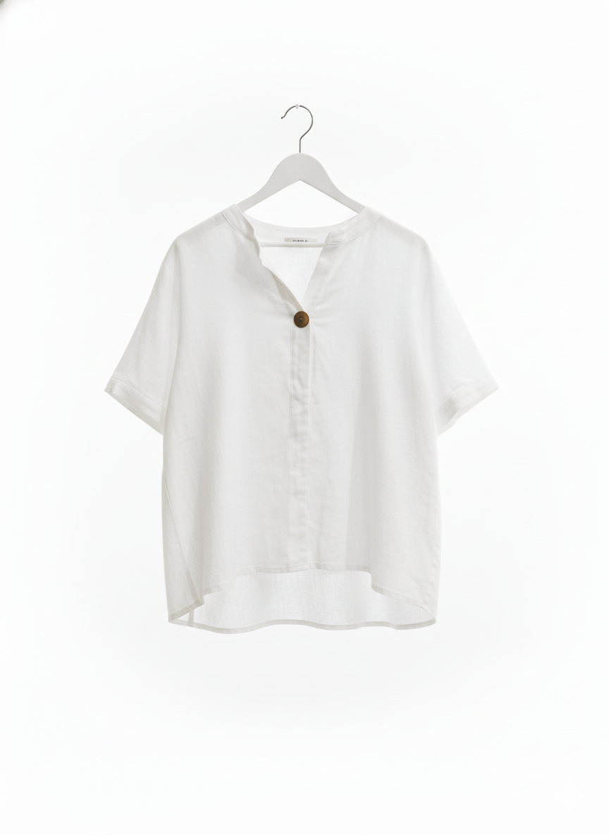 White Short Sleeve 1 Button Placket Front Shirt