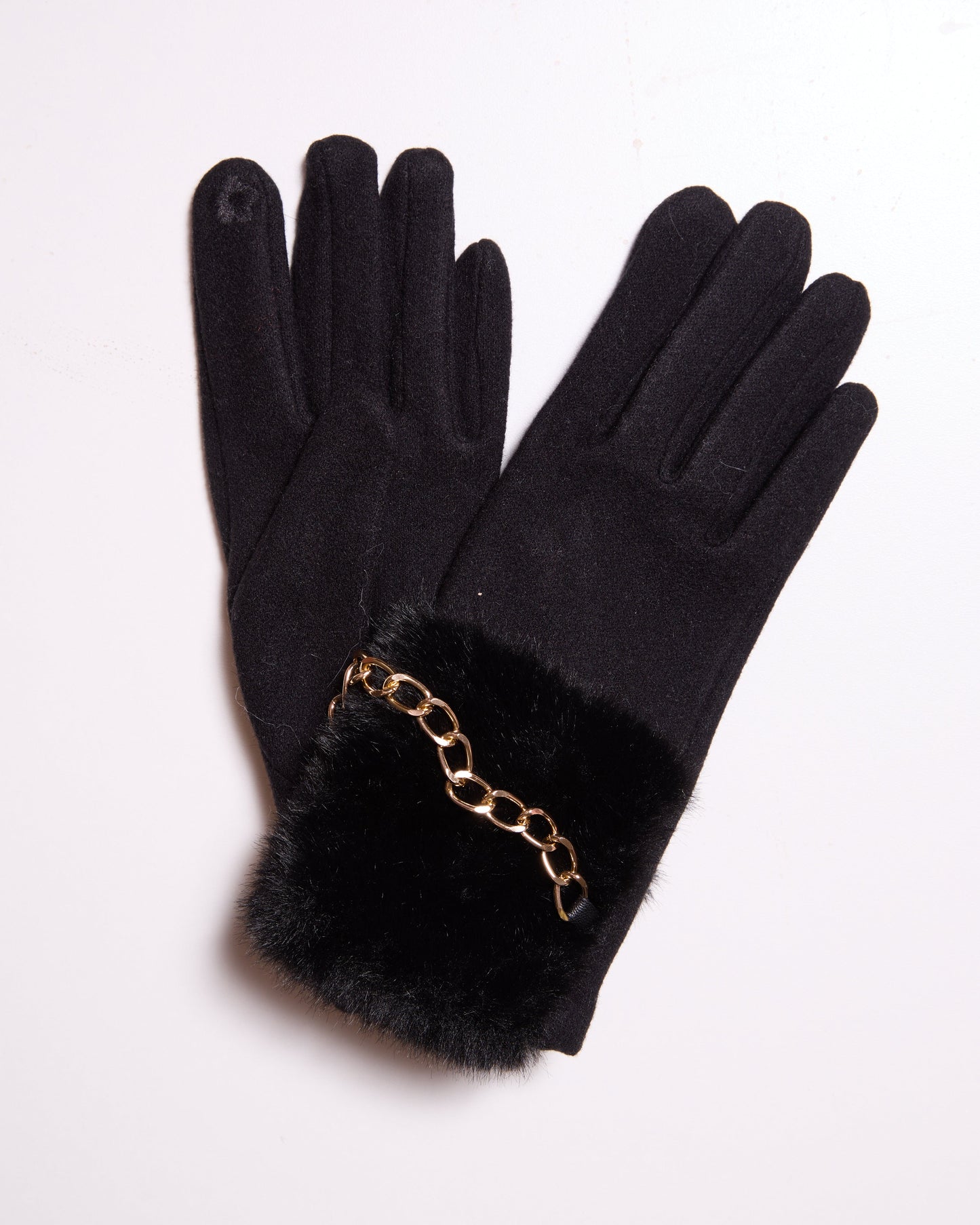 Gants Noirs avec Poignets en Fausse Fourrure et Détail Chaîne Dorée