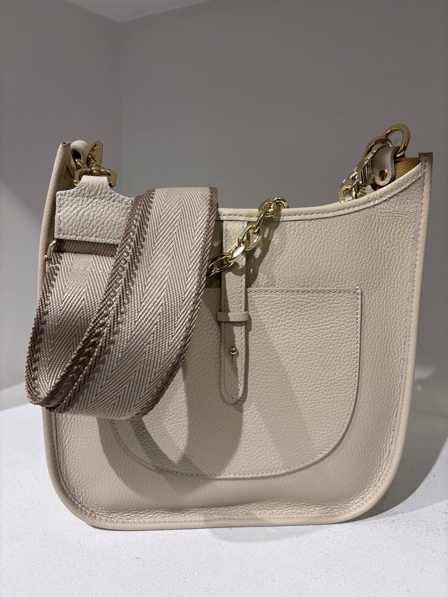 Beige Leather Outside Pocket Handbag