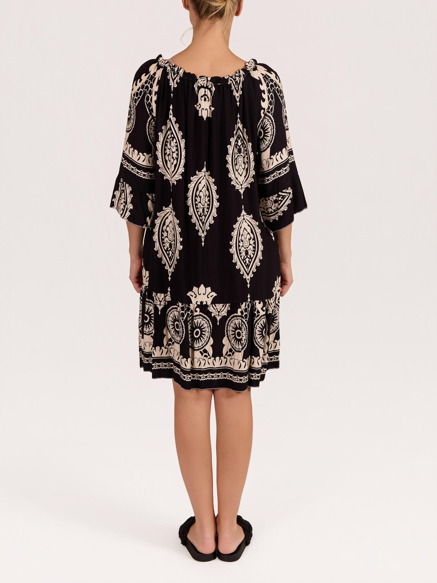 Black Boat Neck Tassel Front Peasant Paisley Dress