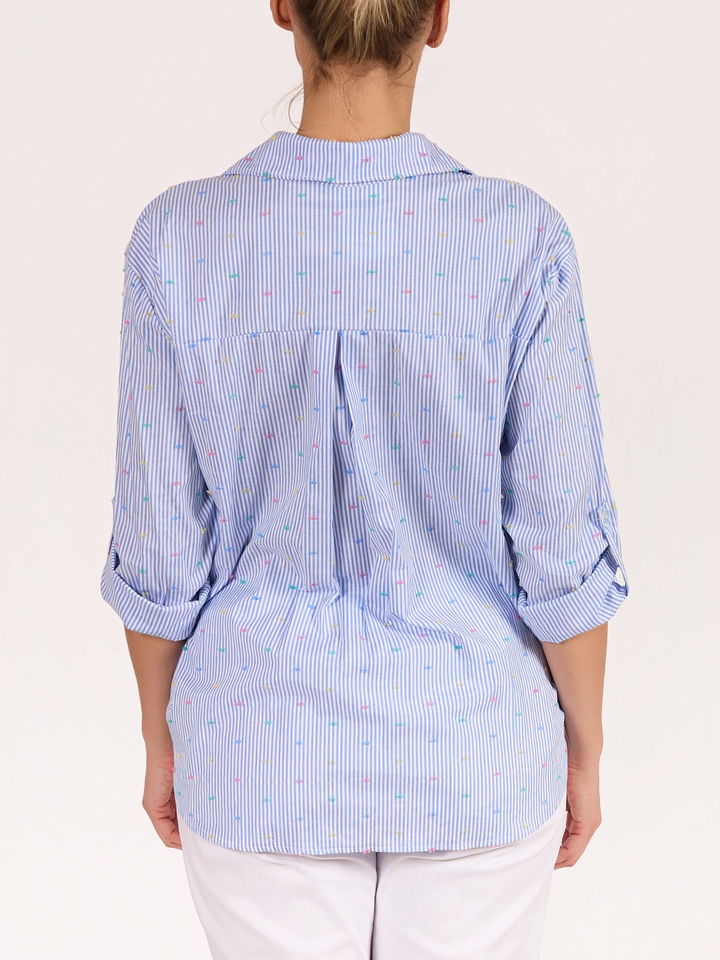 Blue Button Front Hi Low Multi-Thread Stripe Shirt