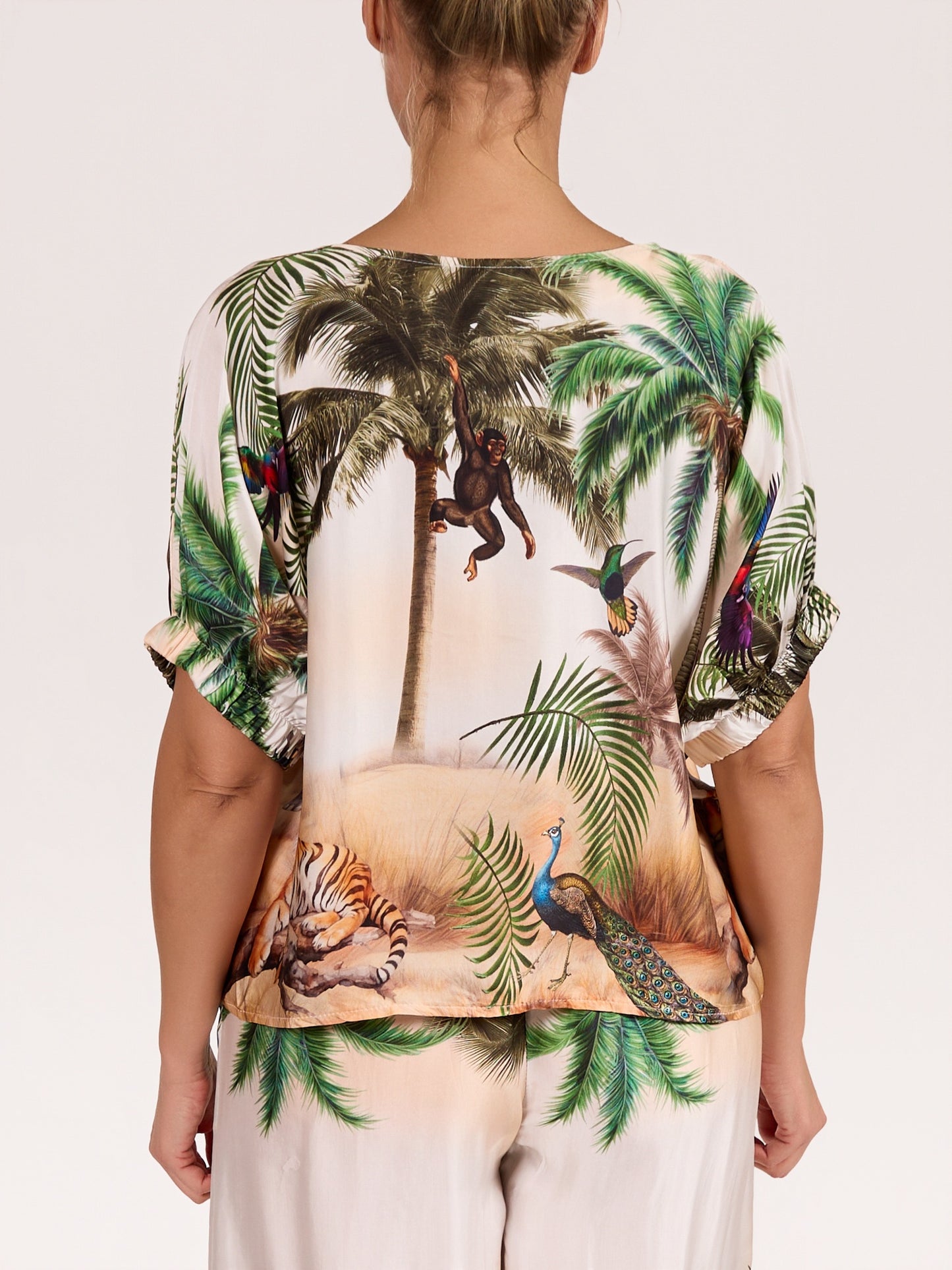 Green Drop Shoulder Satin Jungle Print Top