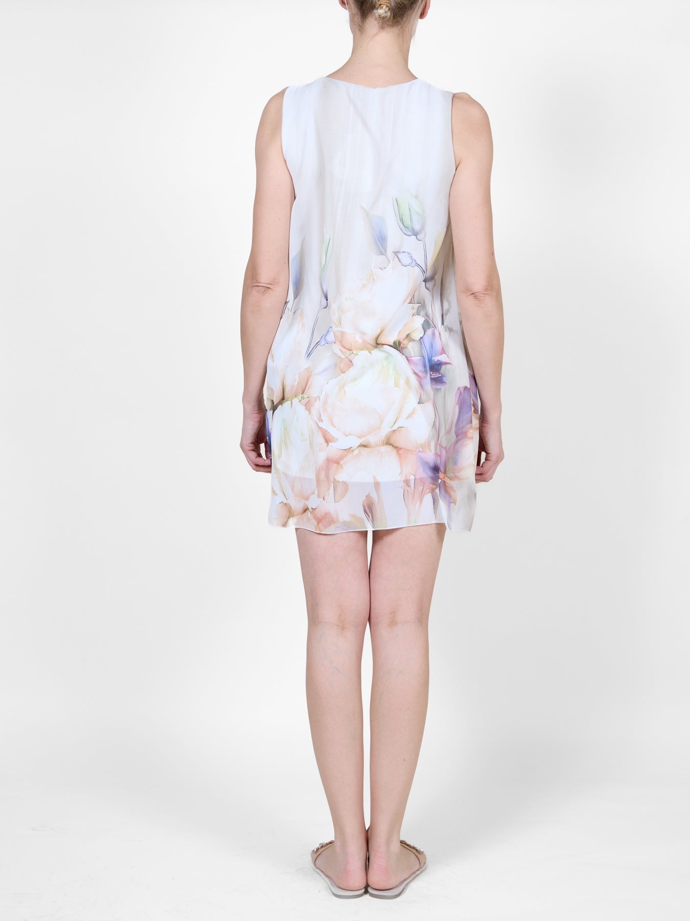 Sand Sleeveless Short Flowy Dress with Watercolor Floral Print