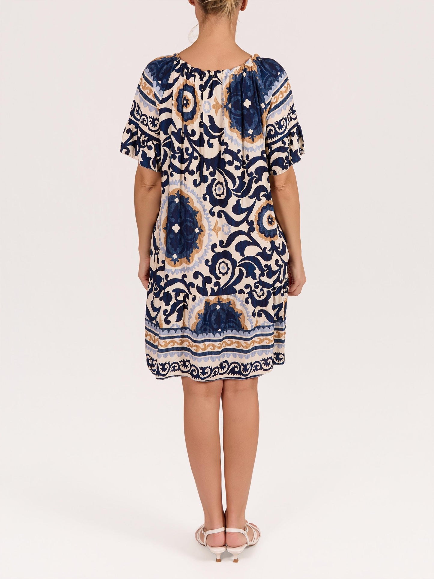 Midnight Boat Neck Short Sleeve Lurex Tassel Paisley Floral Peasant Dress