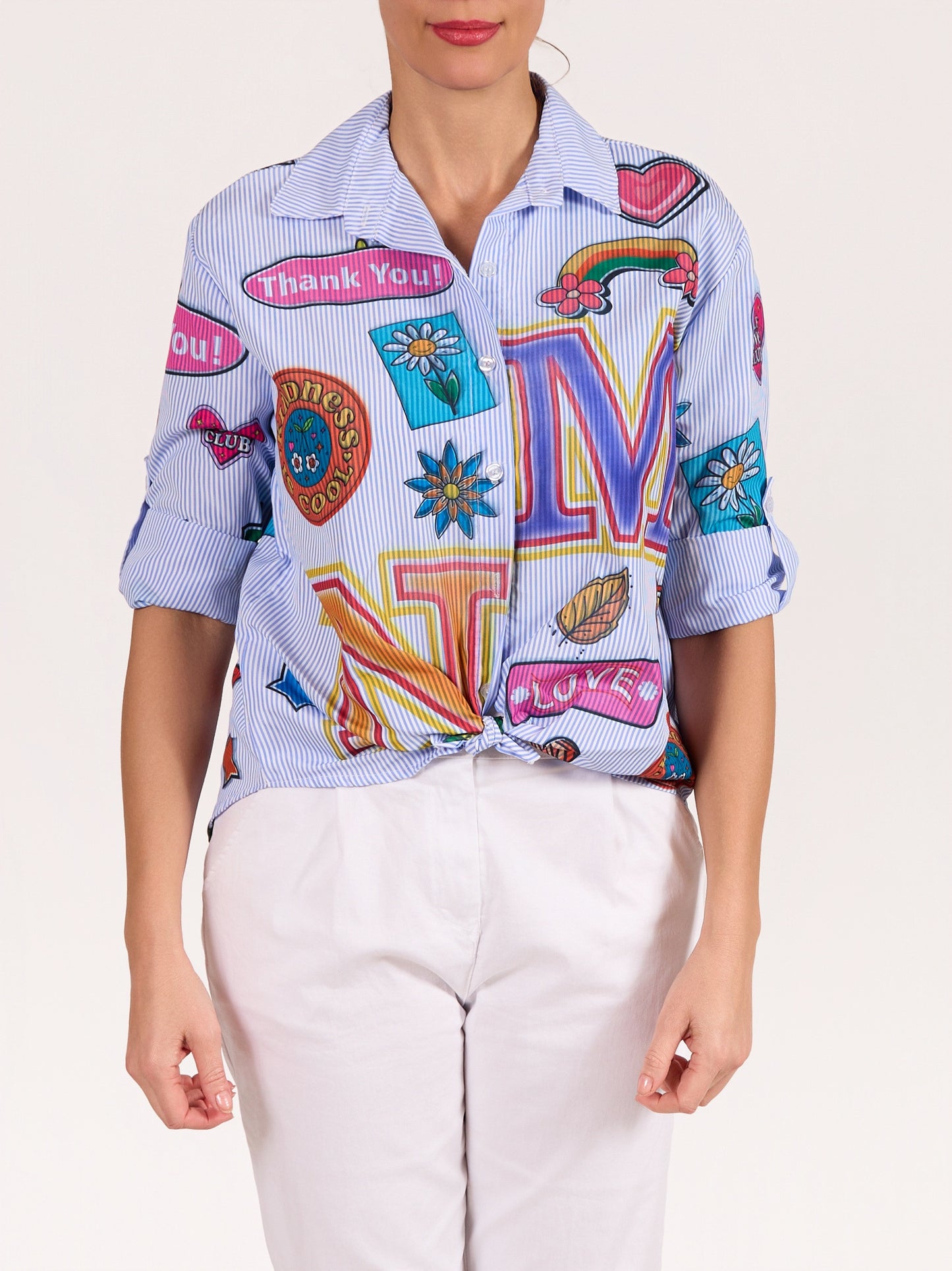 Blue Button Front Hi Low Multi Daisy/Letters Stripe Shirt