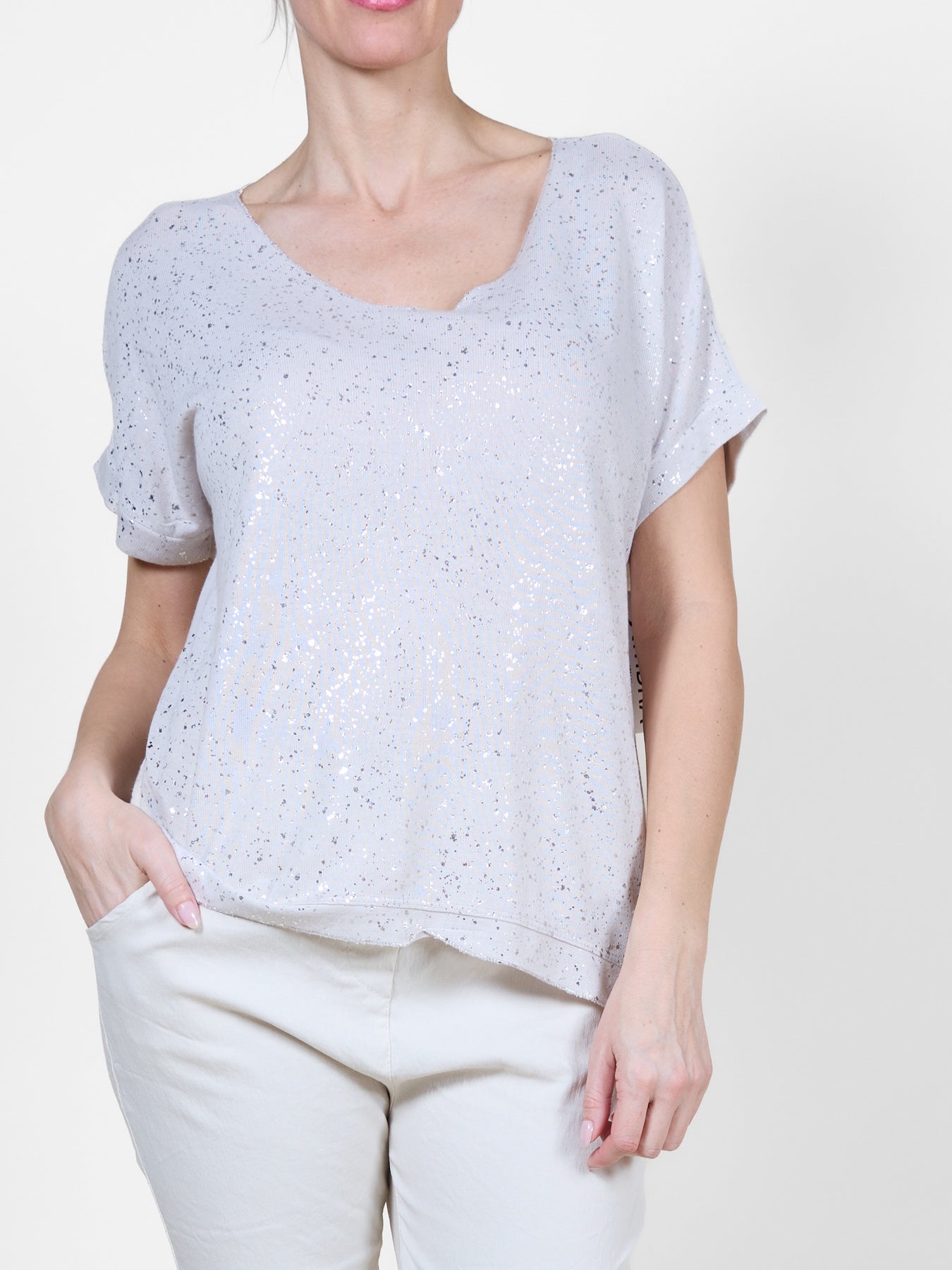 Sand Sparkle V-Neck Short Sleeve Top