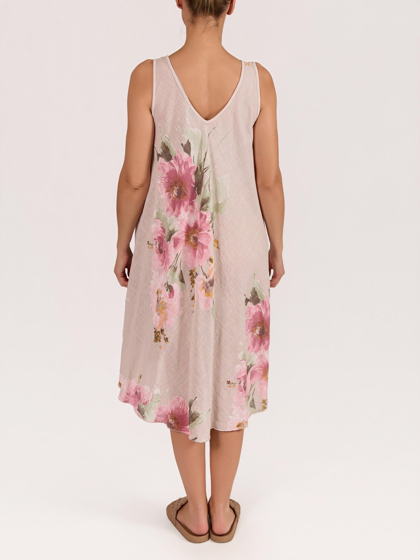 Beige Sleeveless Flare A-Line Floral Print Dress