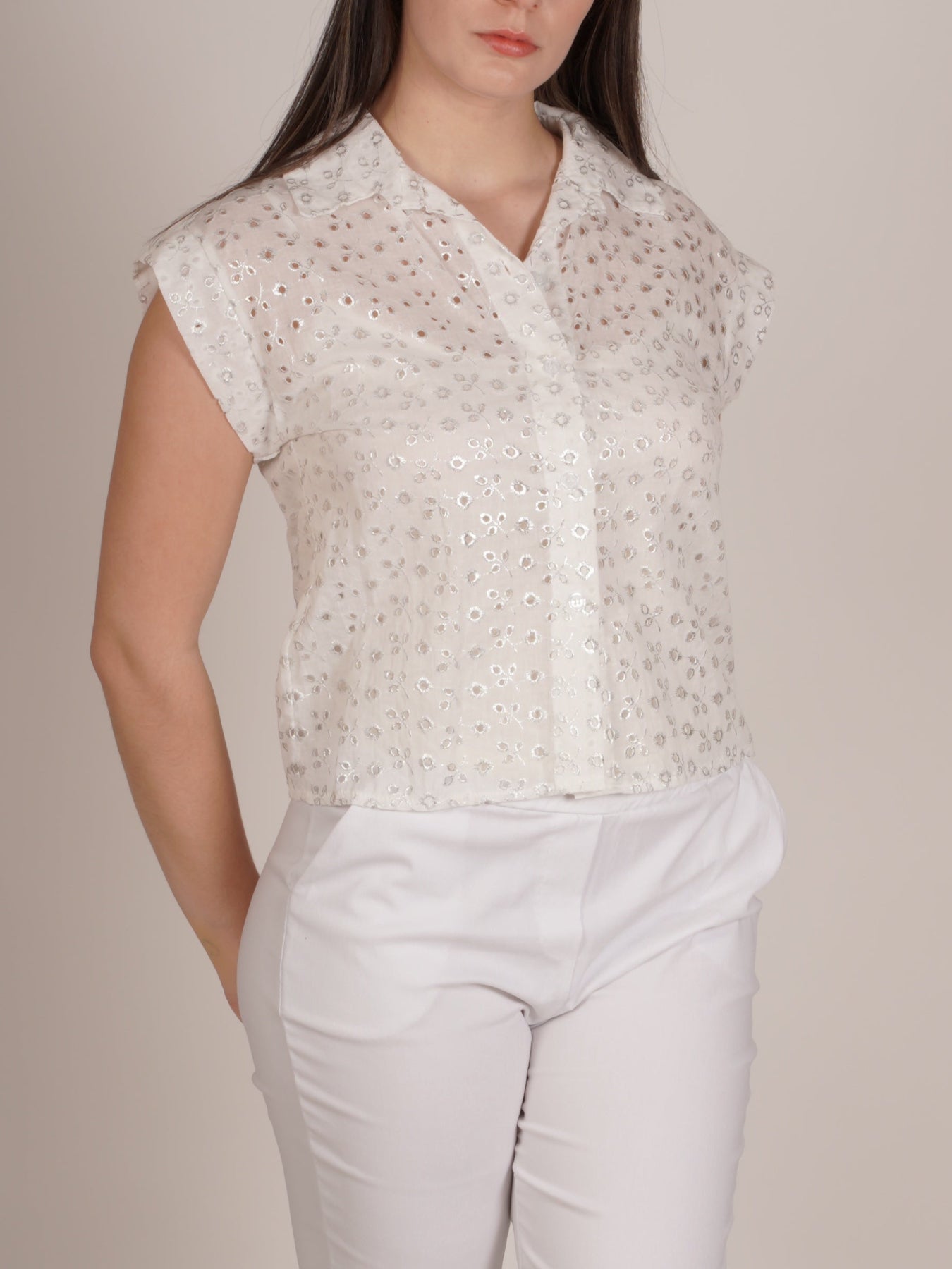 Short Sleeve Button-Up Top with All-Over Silver Embroidered Design