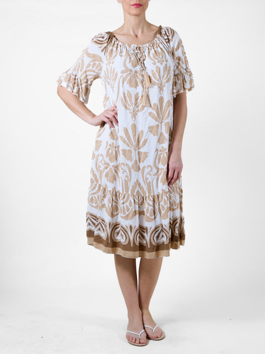 Beige Mid-Length Dress with Ruffled Bottom and Sleeves, Tropical Print