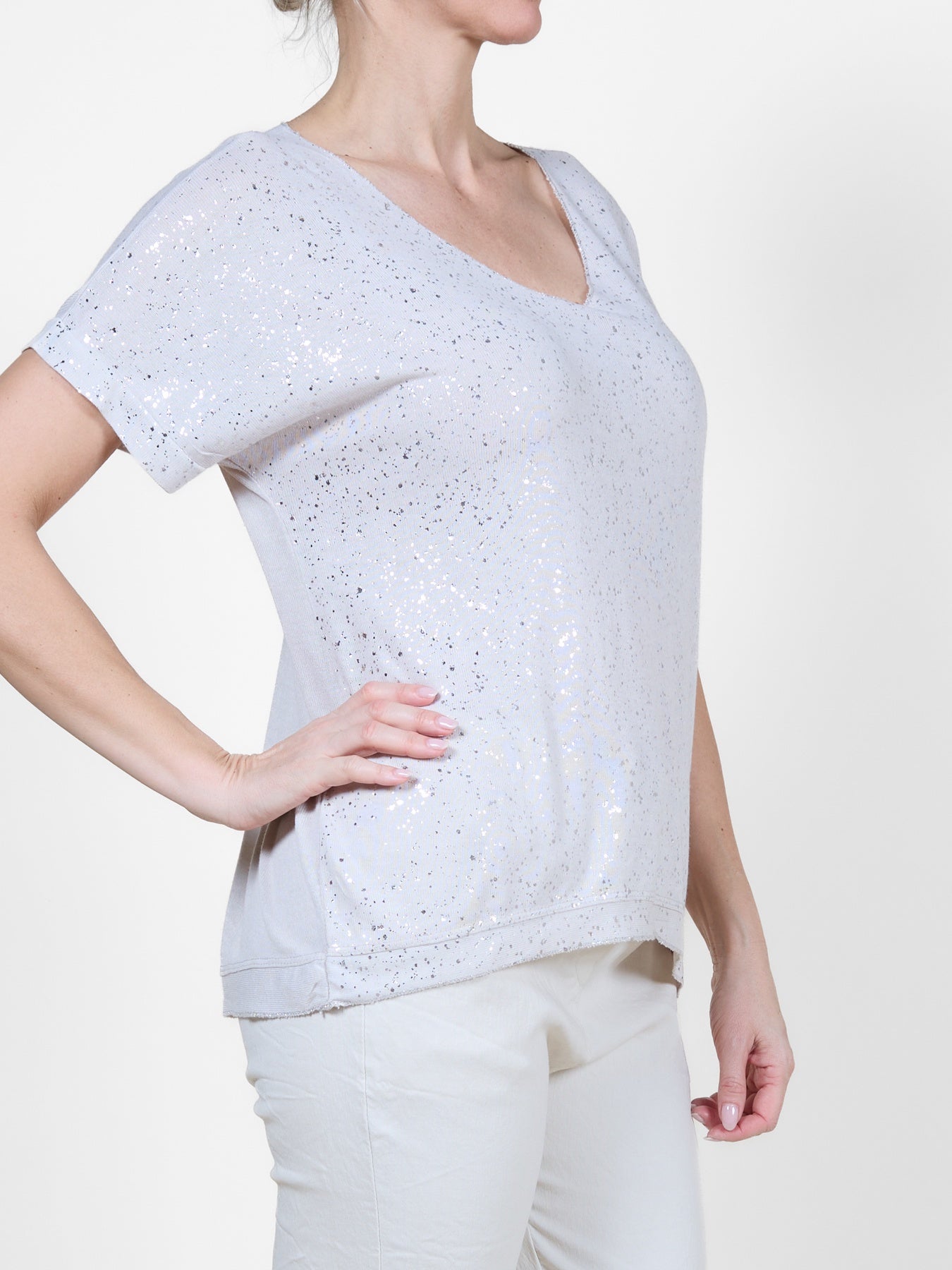 Sand Sparkle V-Neck Short Sleeve Top