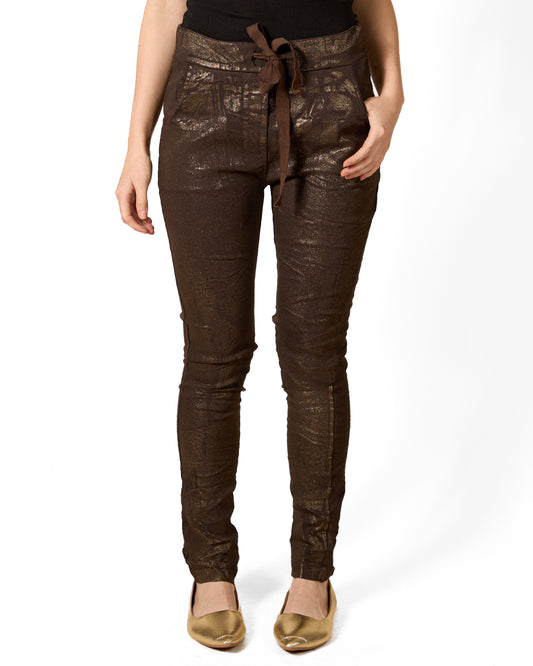 Espresso Pull On Drawstring Gold Front Foil Pant