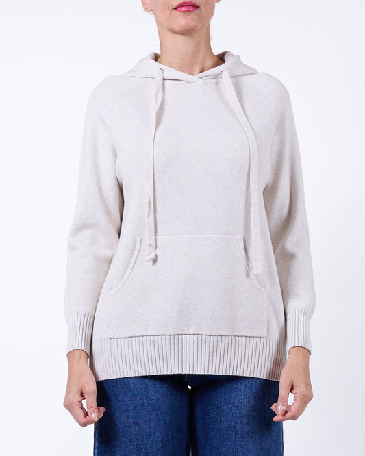 Beige Hood Drawstring Kangaroo Pocket Long Sleeve Rib Trim Pullover
