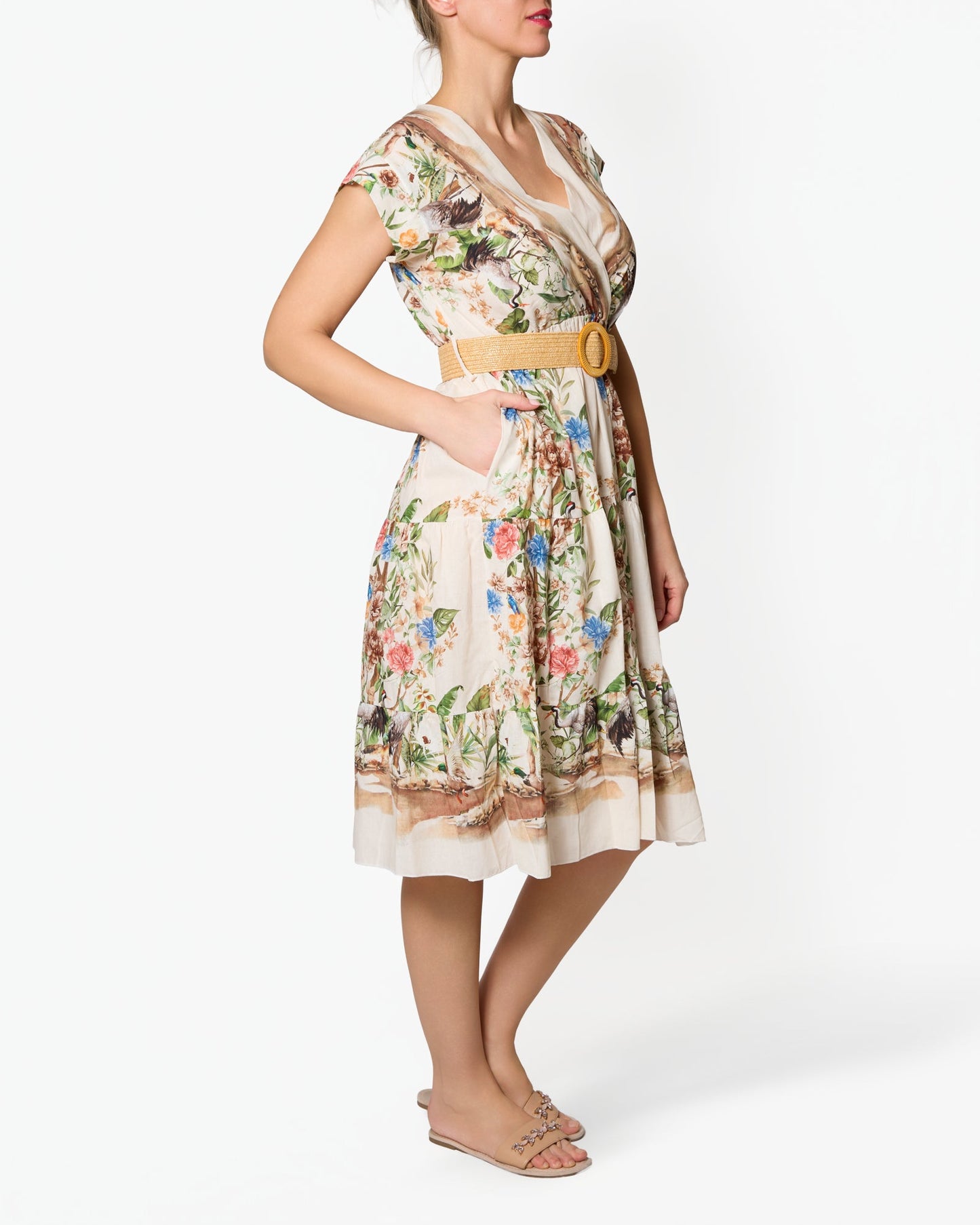 Campagne Floral Belted Cap Sleeve Dress