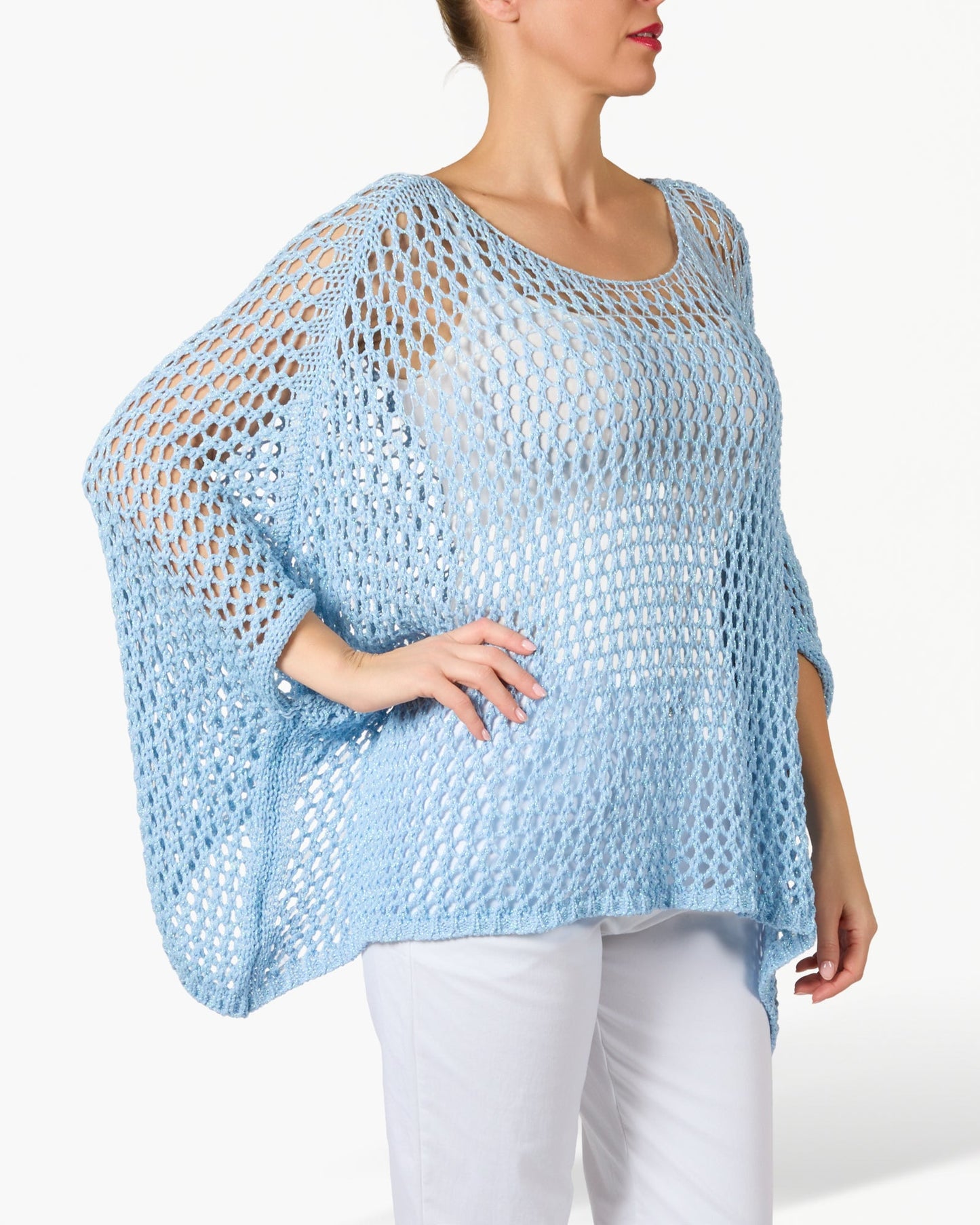 Blue Loose Knit Poncho Style Pullover
