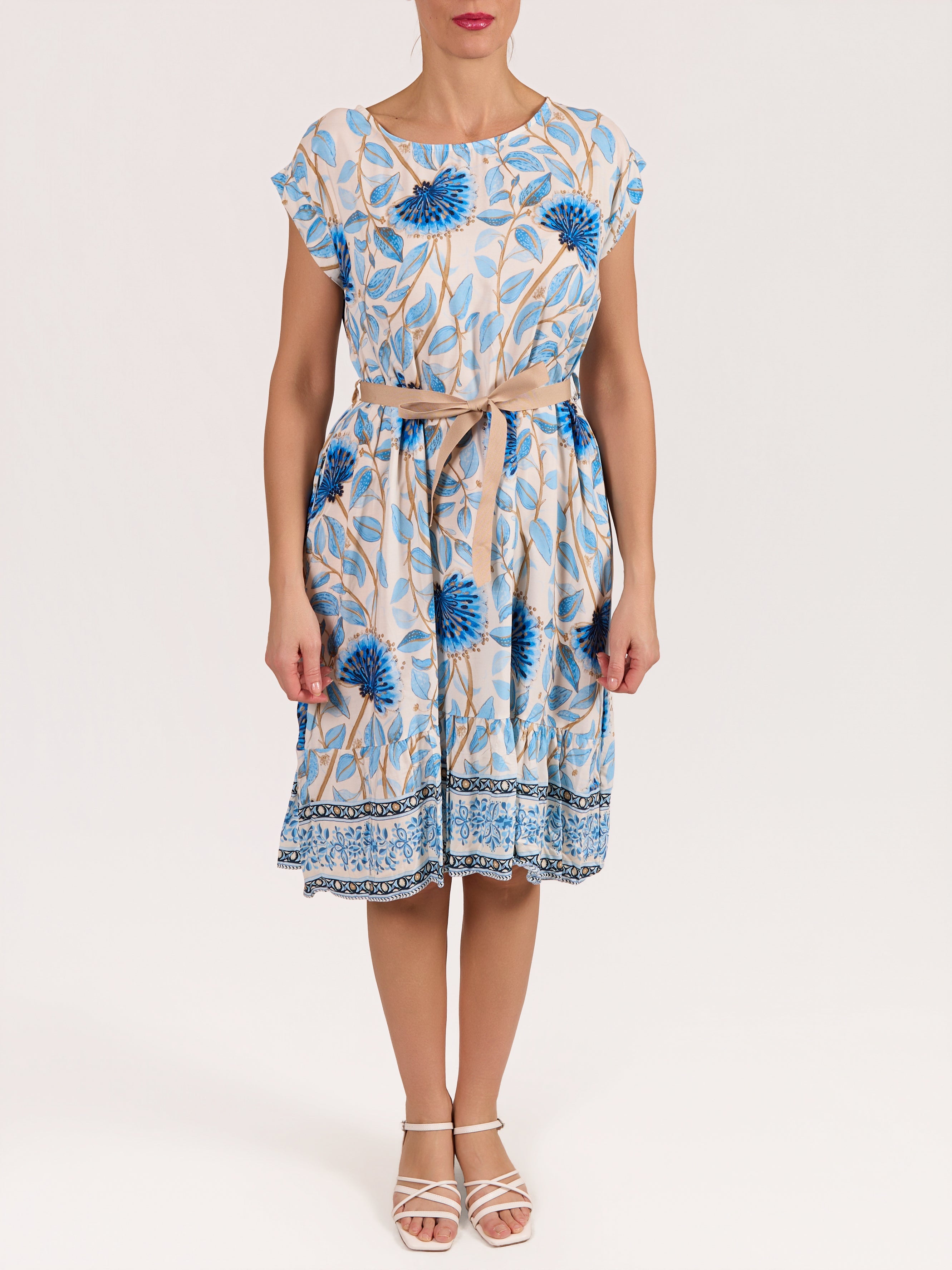 Peacock Ribbon Belted Tropical Leaf Dress
