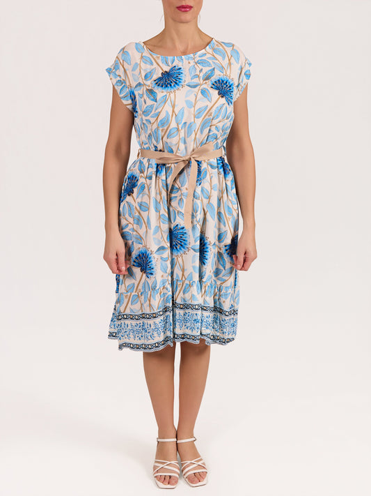 Peacock Ribbon Belted Tropical Leaf Dress