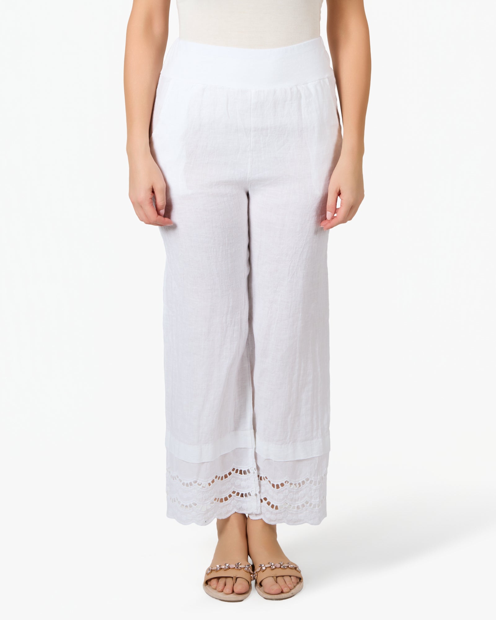 White Linen and Lace Cuffed Pull On Pants