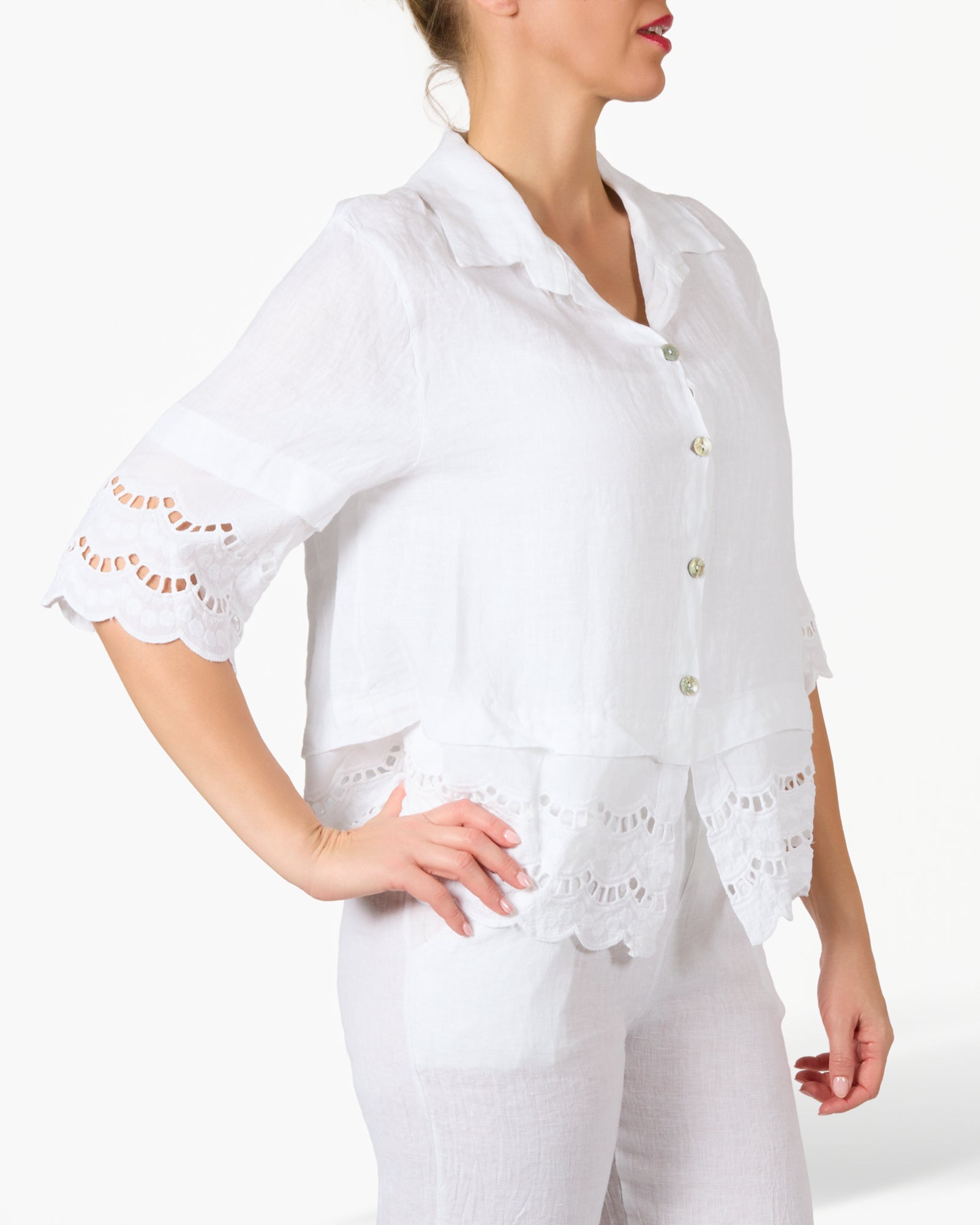 White Linen and Lace Cuffed Button Front Blouse