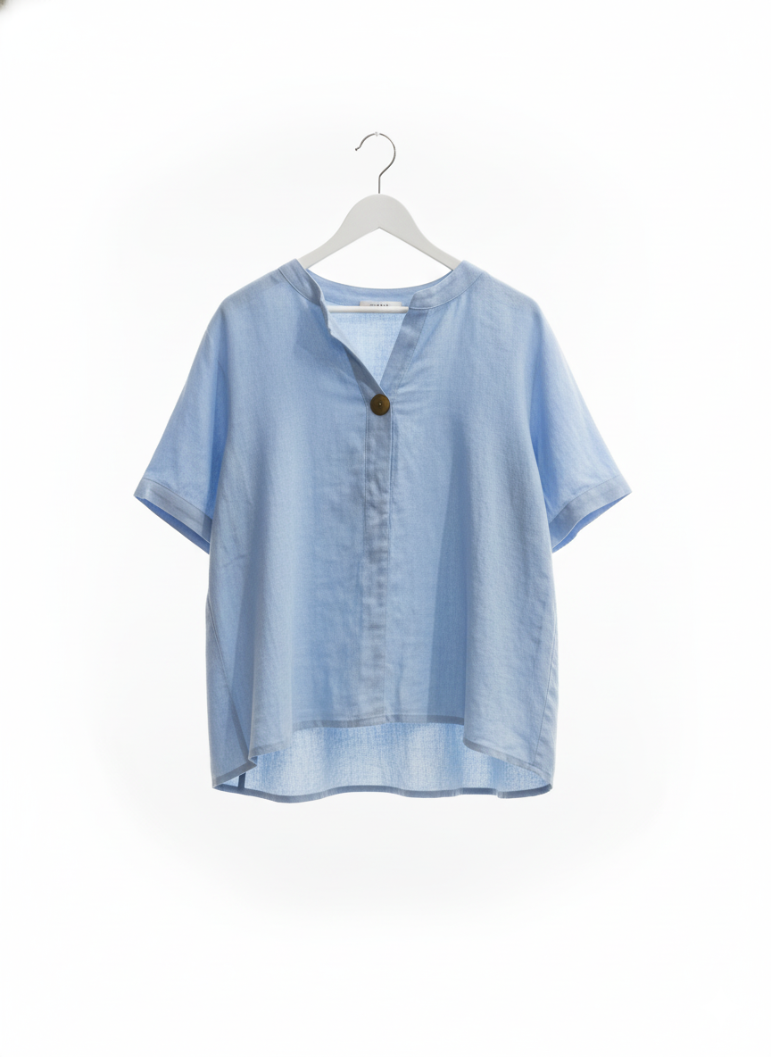 Blue Short Sleeve 1 Button Placket Front Shirt