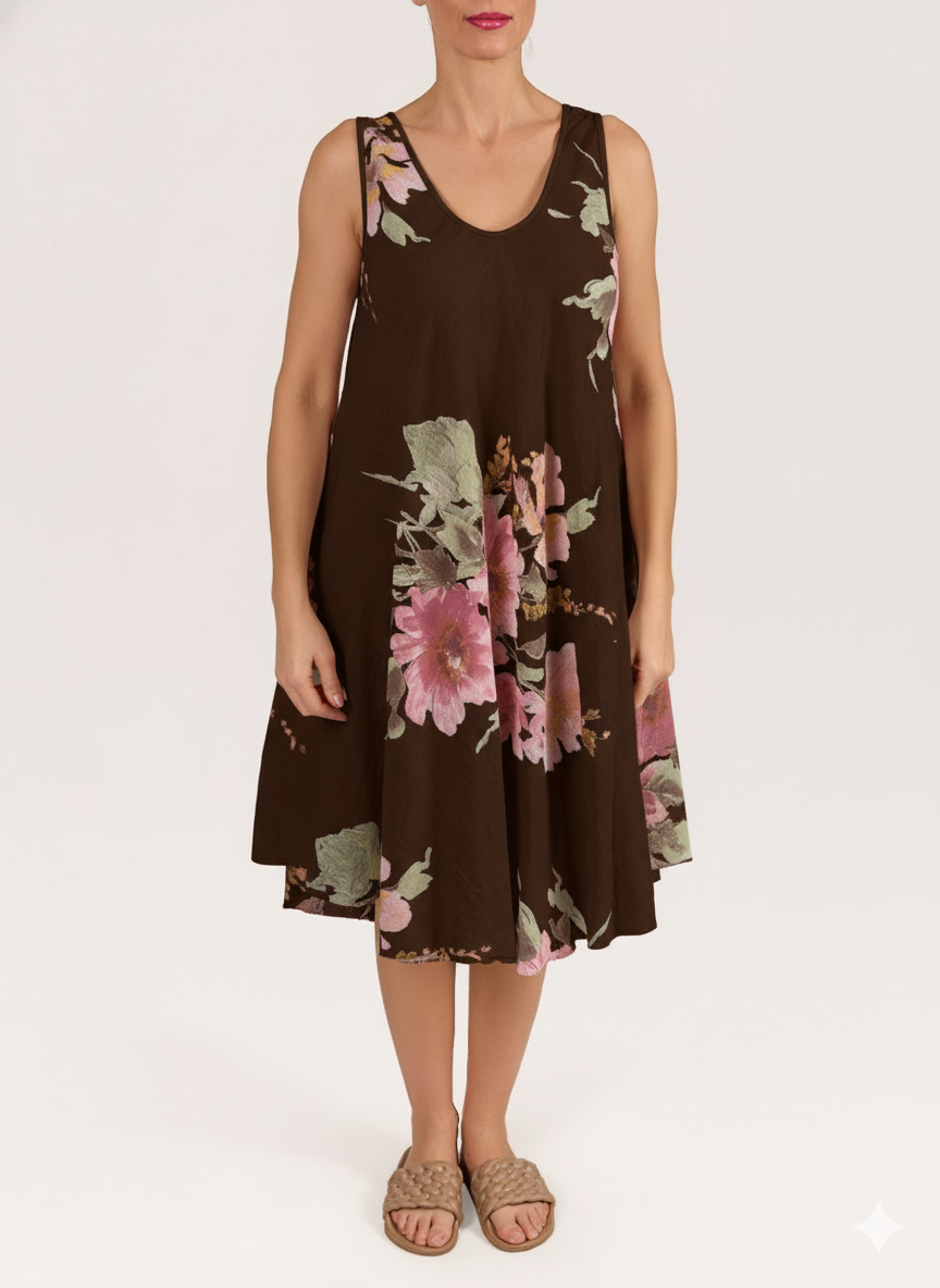 Espresso Sleeveless Flare A-Line Floral Print Dress