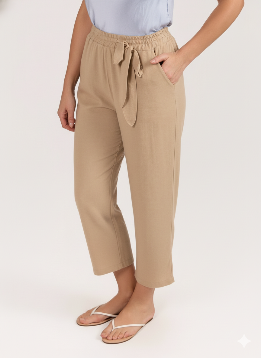 Beige Cropped Flowing Beach Pants with Tie Front