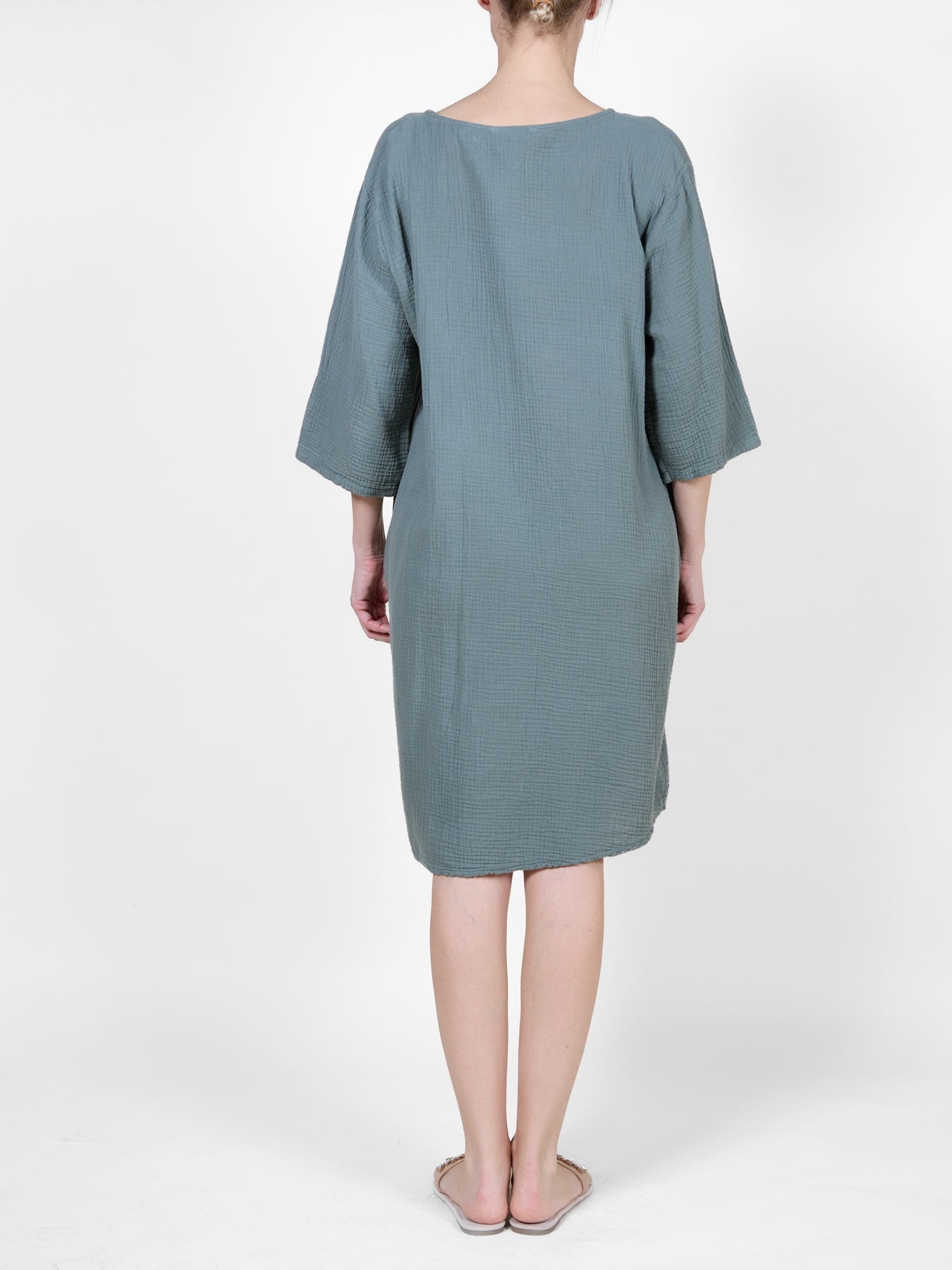 Palm Cotton Dress with 3/4 Sleeves and Wooden Button Detail