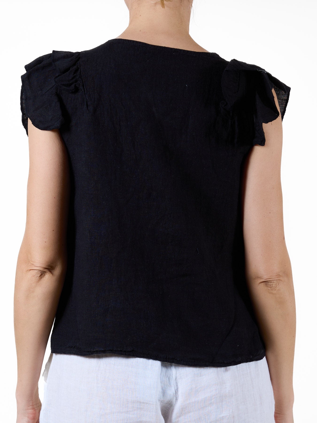 Black Short Sleeve Blouse with Ruffle Sleeves