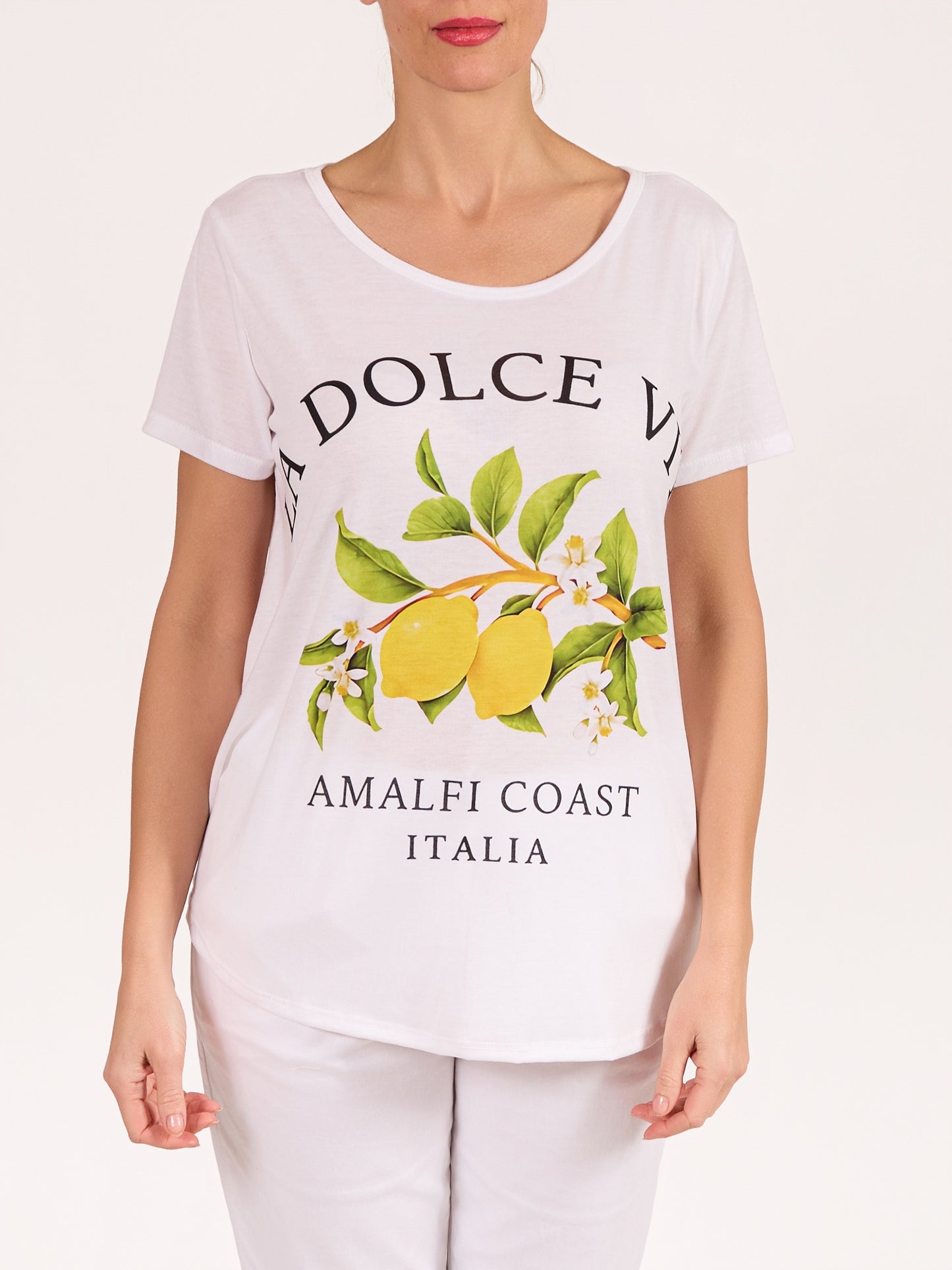 White Round Neck Short Sleeve Lemon Dolce Vita T-shirt