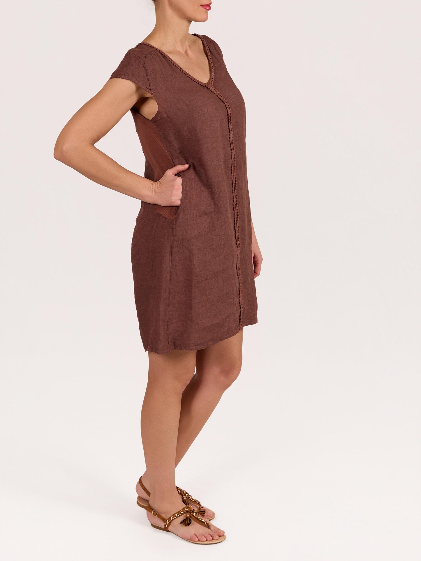 Espresso Cap Sleeve V Neck Trim Detail Dress