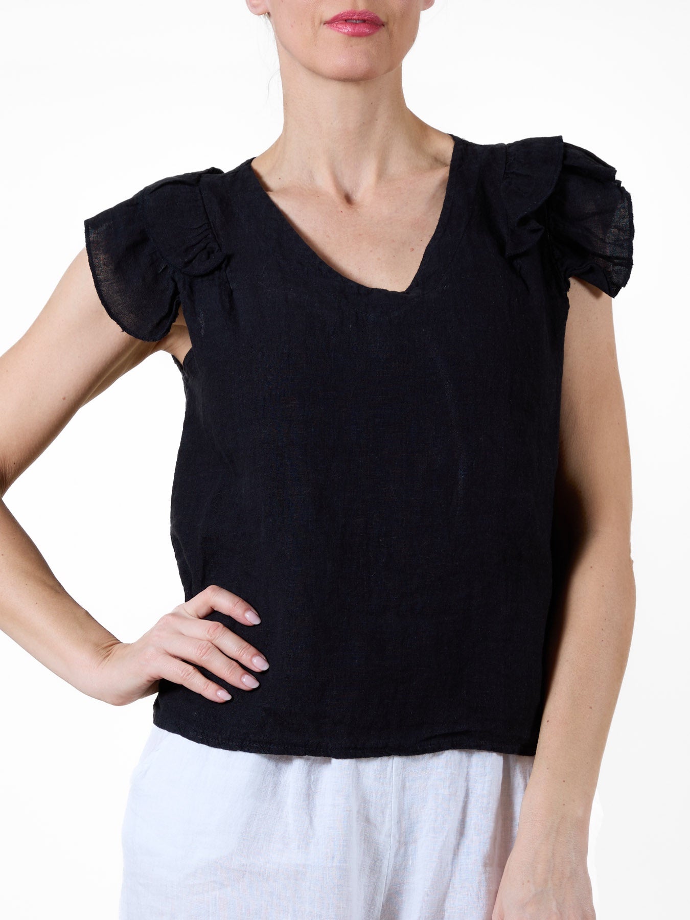 Black Short Sleeve Blouse with Ruffle Sleeves