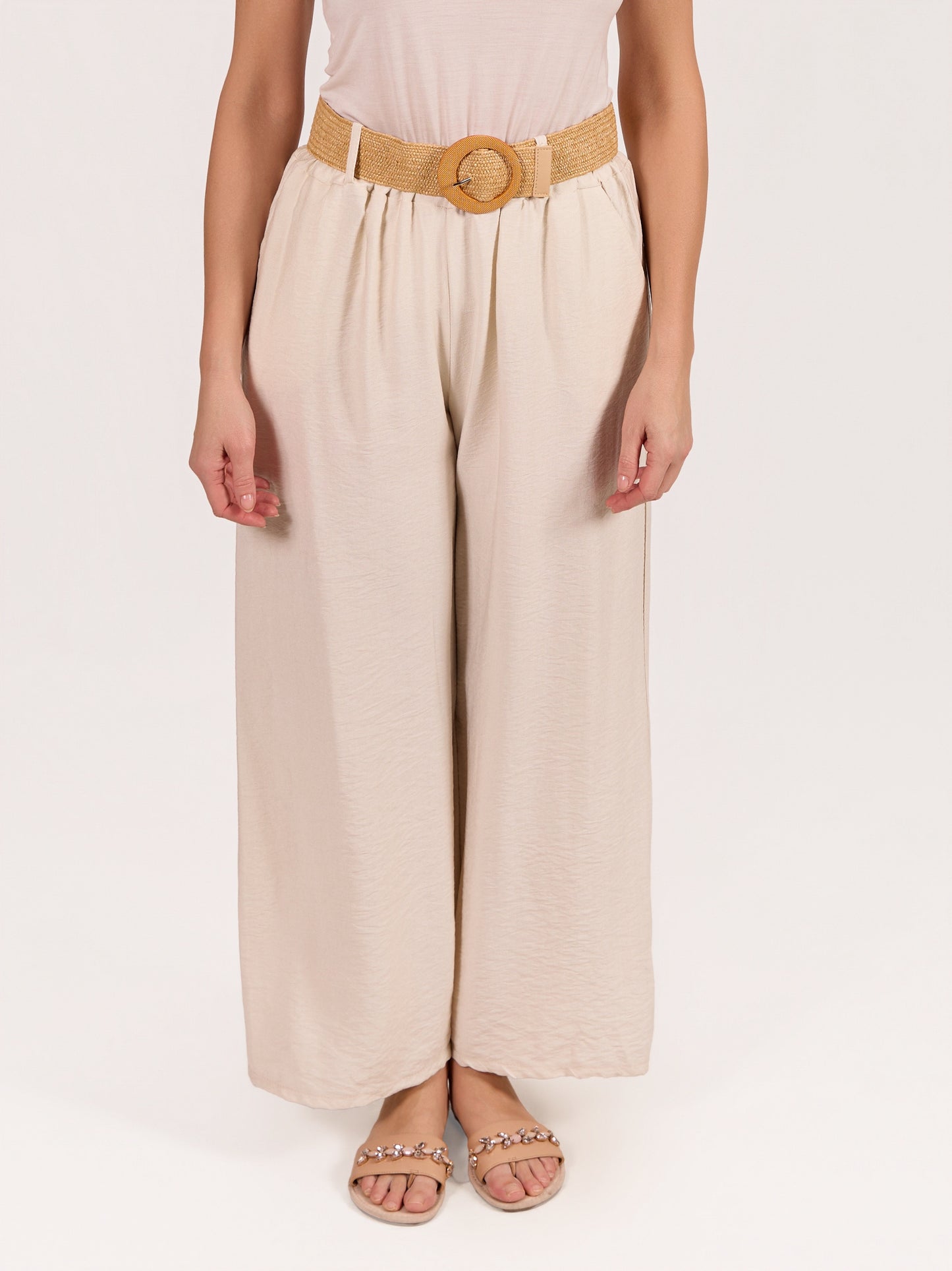 Ivory Pull On Belted 2 Pocket Pant