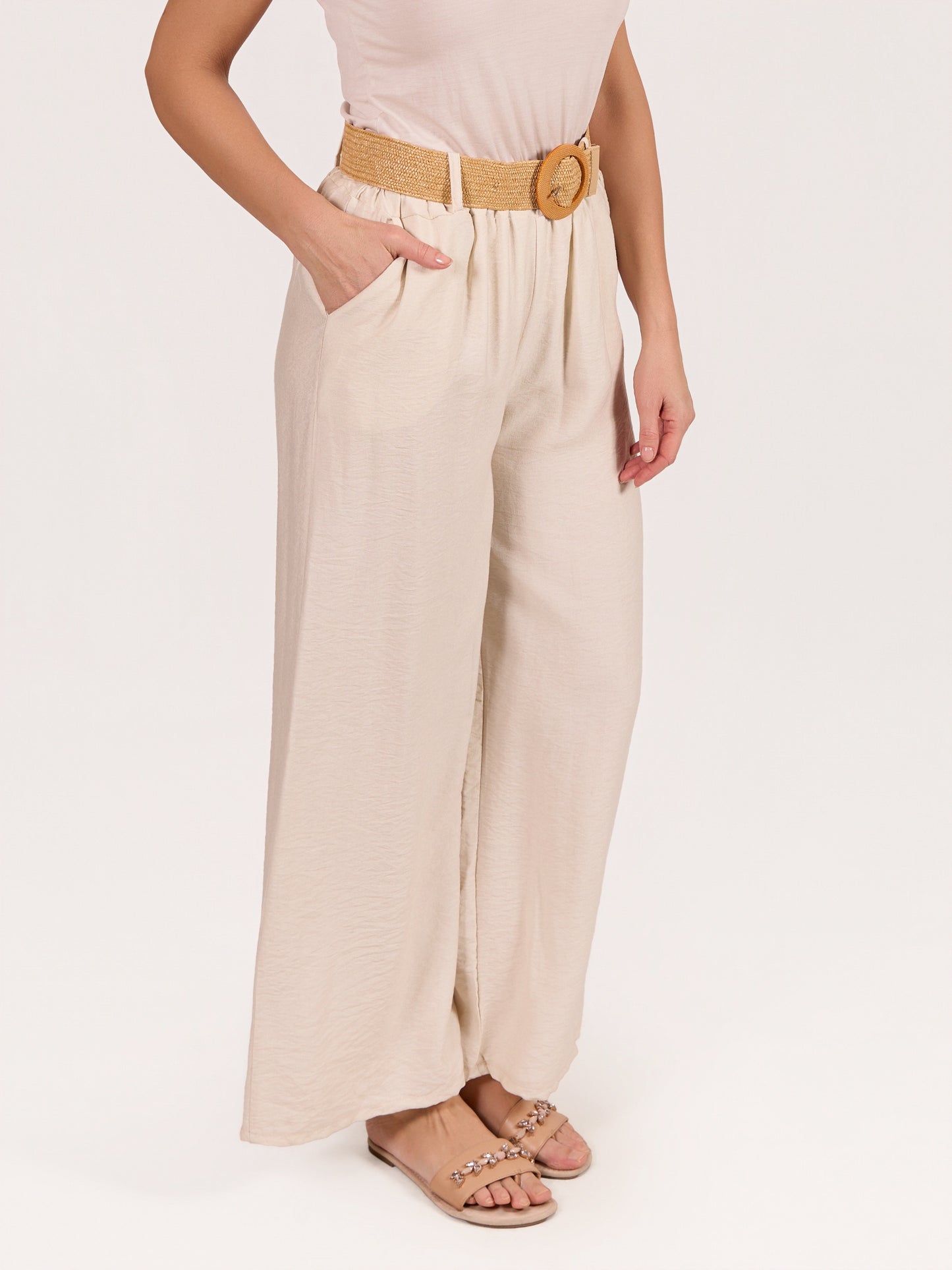 Ivory Pull On Belted 2 Pocket Pant