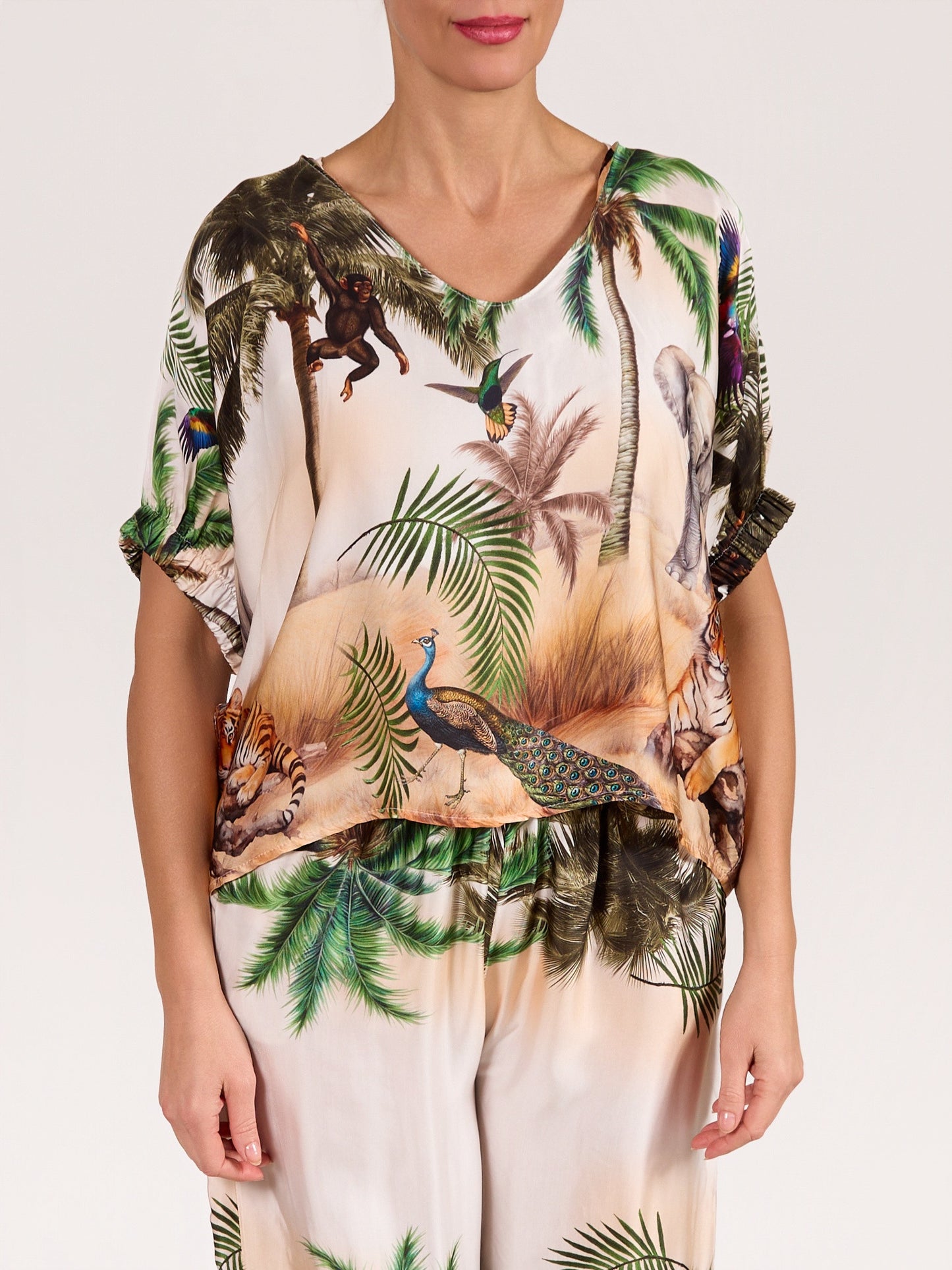 Green Drop Shoulder Satin Jungle Print Top