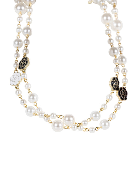Layered Pearl Necklace with Floral Accents