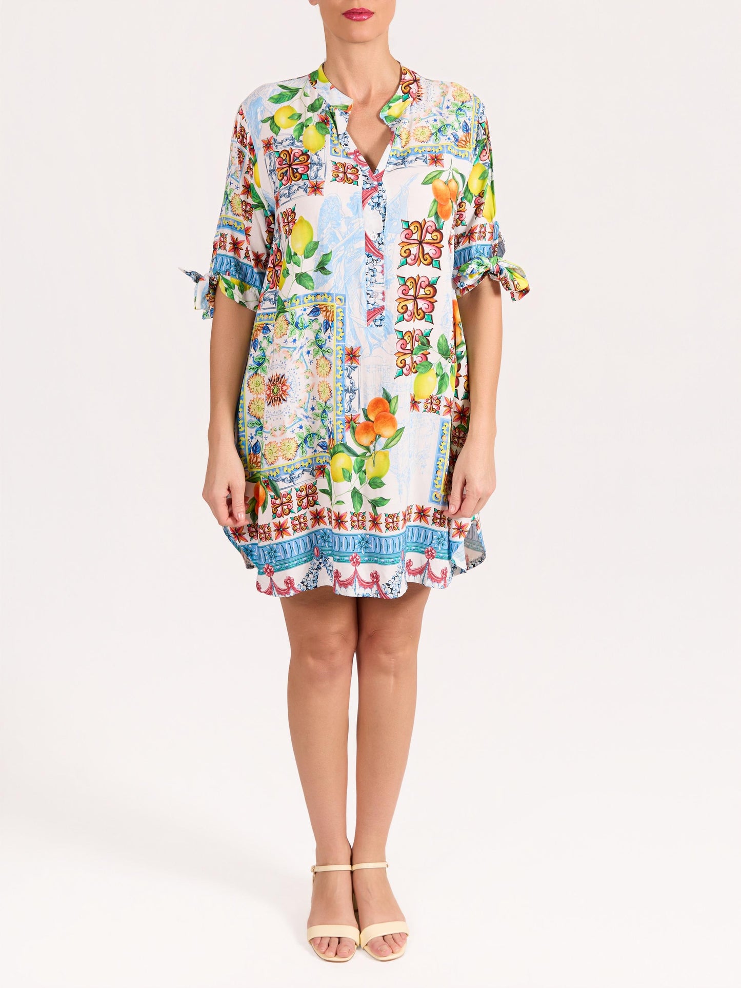 Blue Front Tie Sleeve Oranges & Lemon Print Dress