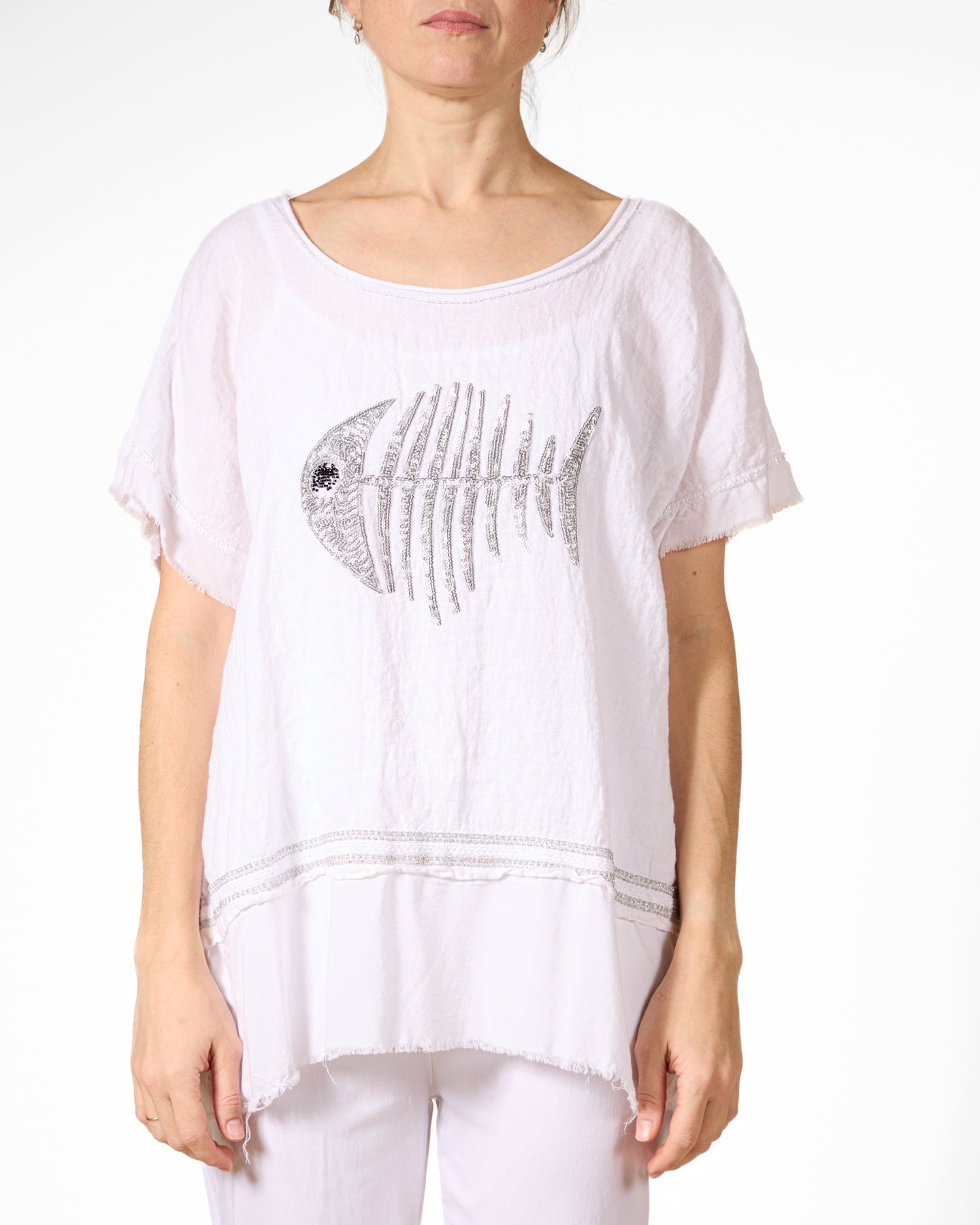 White Silver Trim Lurex Fish Top