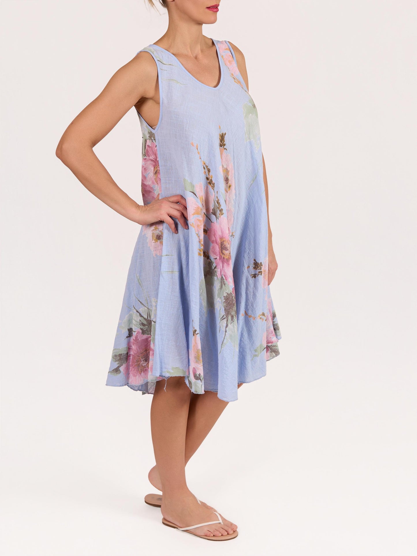 Blue Sleeveless Flare A-Line Floral Print Dress