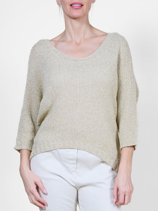 Gold Lurex Pull-On Sweater with 3/4 Sleeves