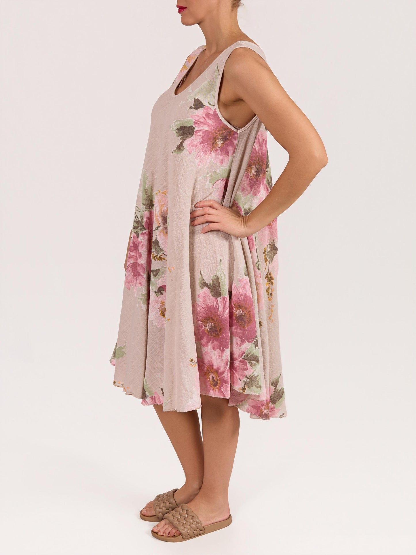 Beige Sleeveless Flare A-Line Floral Print Dress