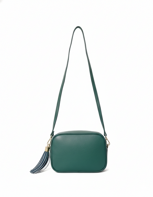 Green Pebbled Leather Crossbody Bag with Tassel Detail