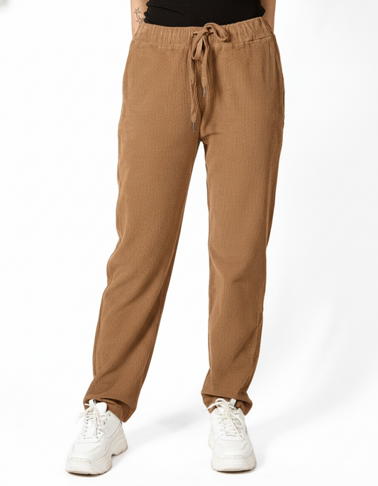 Camel Pull On Drawstring Poor Boy Rib Pant
