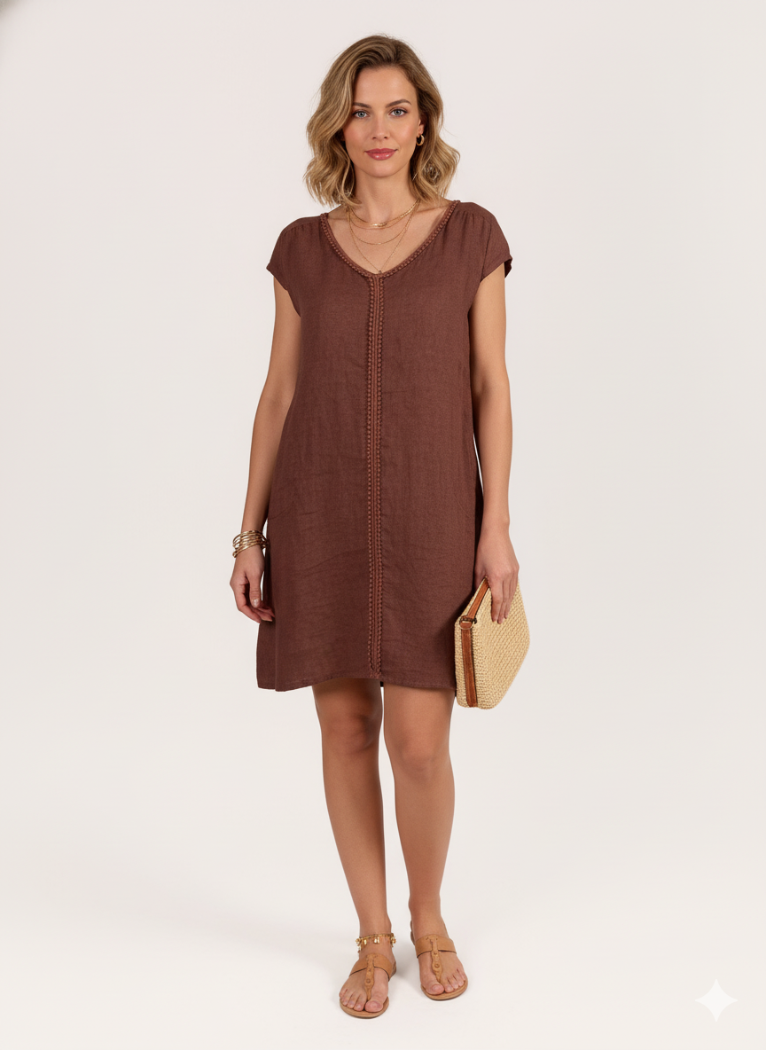Espresso Cap Sleeve V Neck Trim Detail Dress