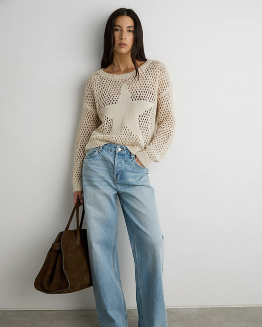 Sand Long Sleeve Boat Neck Star Front Long Sleeve Top