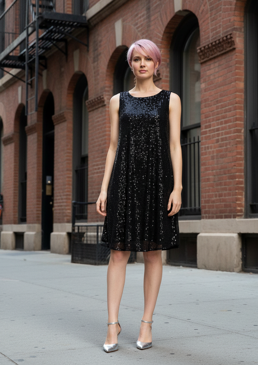 Ebony Boat Neck Sleeveless Sequin Dress