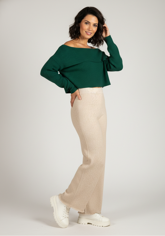 Oatmeal Pull On Wide Leg Raw Edge Detail Pant