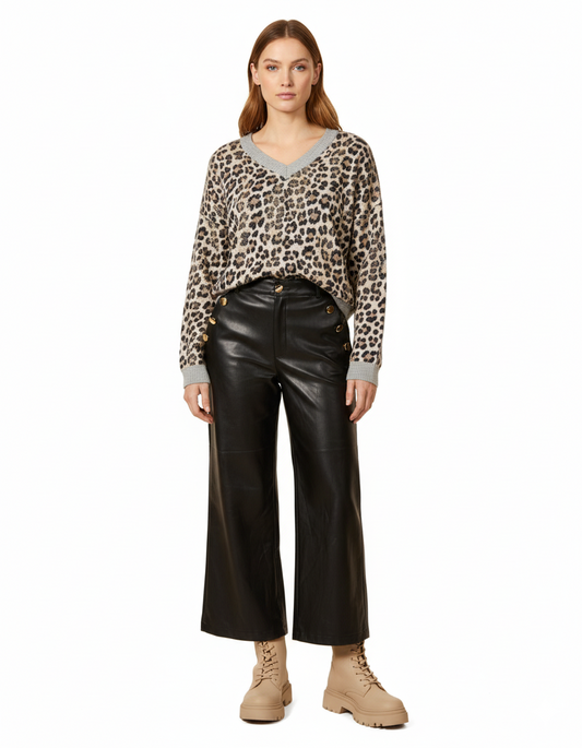 Ebony Button Front Napa Pleather Gold Button Detail Wide Leg Pant
