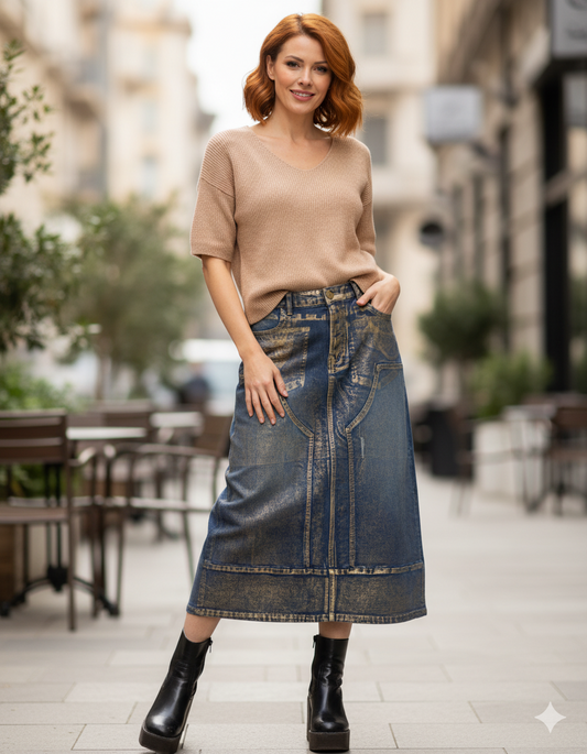 Gold Silverfoil Front Multi Seam 5 Pkt Distressed Trim Denim Skirt