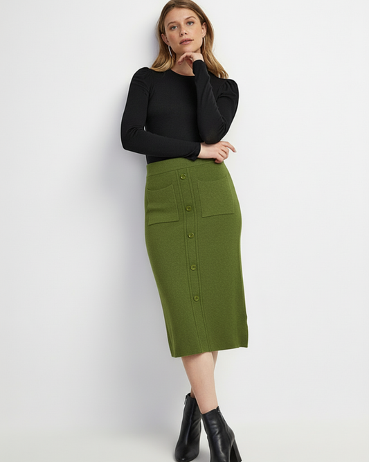 Olive Pull On Button Front 2 Pocket Back Slit Skirt