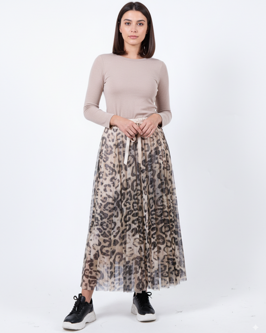 Beige Pull On Double Layer Animal Mesh Skirt