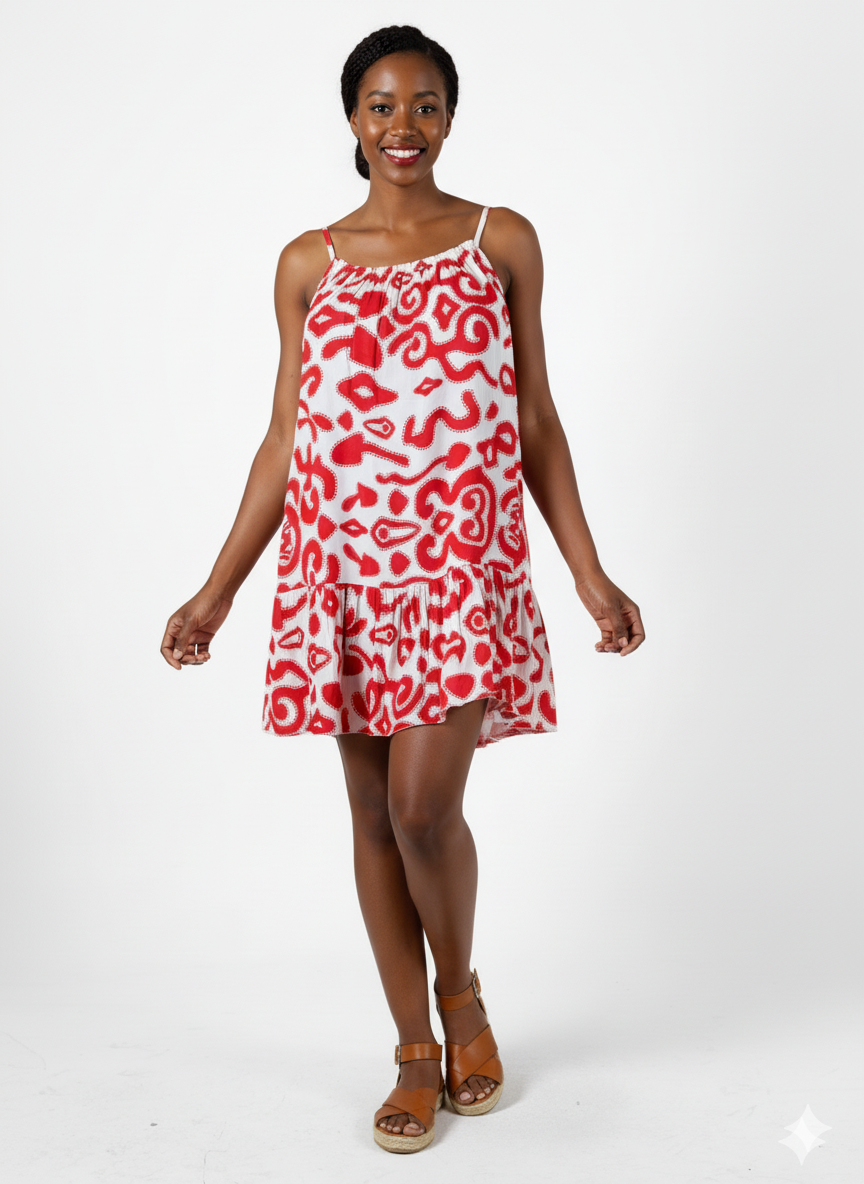 Tomato Spaghetti Strap Dress with Ruffle Hem and Abstract Tropical Print
